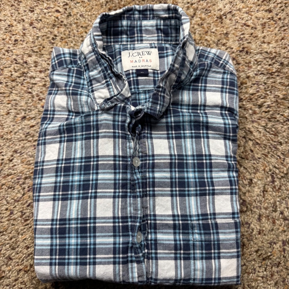 J.Crew Madras Plaid Button Down Shirt Mens XL Blue White Long Sleeve Cotton